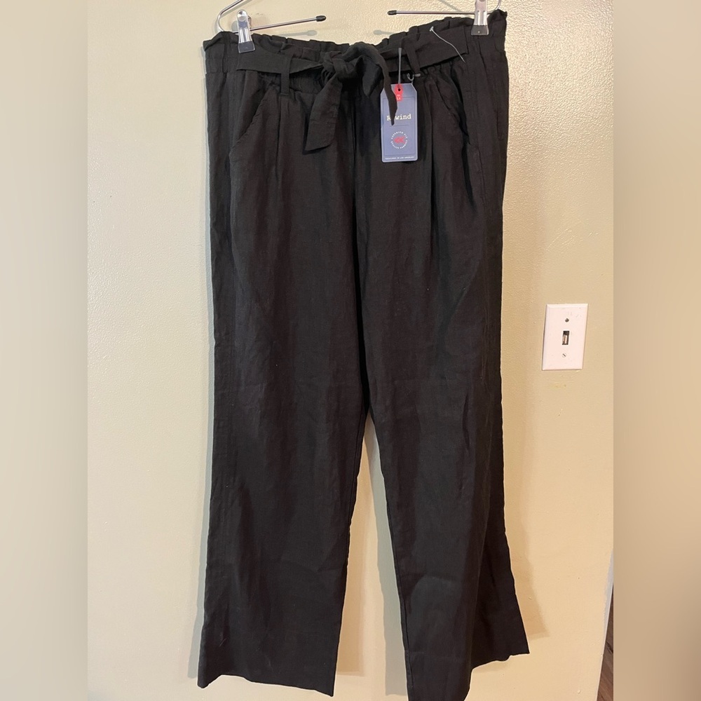 Revind Womens Black Wide Leg Pull On Belted Linen Blend Pants L NWT